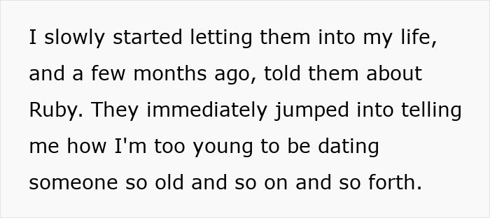 Text excerpt about woman dating someone 16 years older and facing criticism from her parents about age difference. Text excerpt about woman dating someone 16 years older and facing criticism from her parents about age difference.