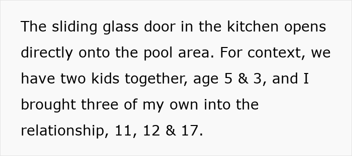 Sliding glass door opens to pool area where man ignores partner's request to install safety fence for kids around pool.