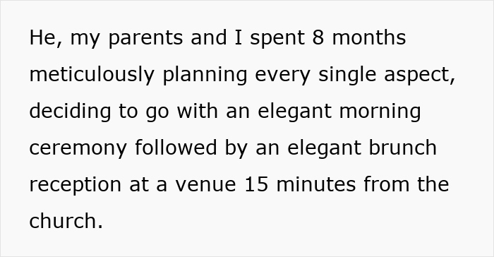 Bride spends months planning elegant wedding with morning ceremony and brunch reception at a nearby venue.