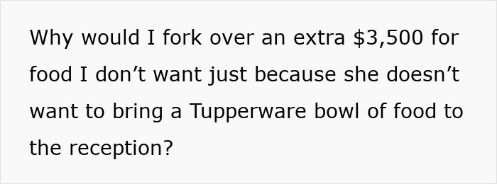 Text on a white background questioning why to pay an extra $3,500 for kosher wedding meals at a reception.