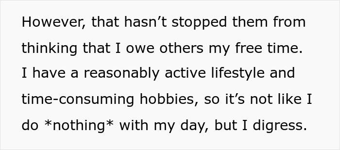 Text excerpt discussing a woman&rsquo;s active lifestyle and others expecting her free time during family holiday babysitting.