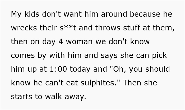 Text excerpt about kids not wanting a disruptive person around, mentioning clueless neighbors as free babysitters at a rental cabin.