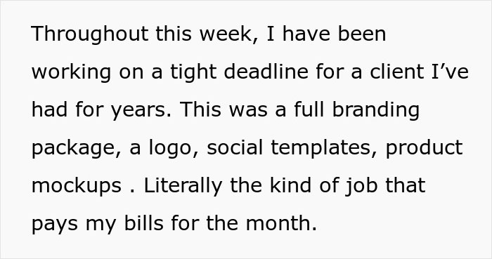 Text excerpt from a freelancer explaining working on a tight deadline for a full branding package client.