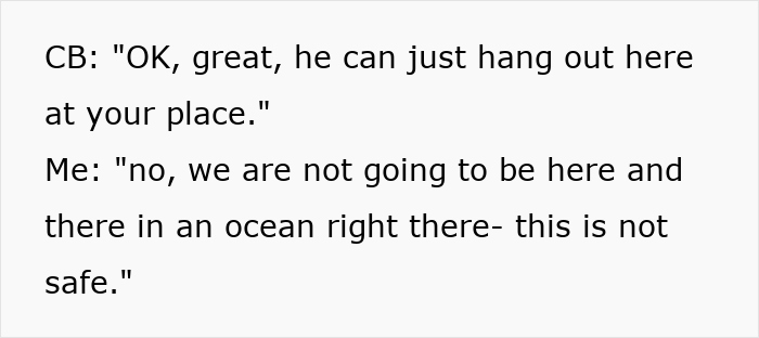 Text conversation showing a disagreement about safety and babysitting near an ocean at a cabin location.