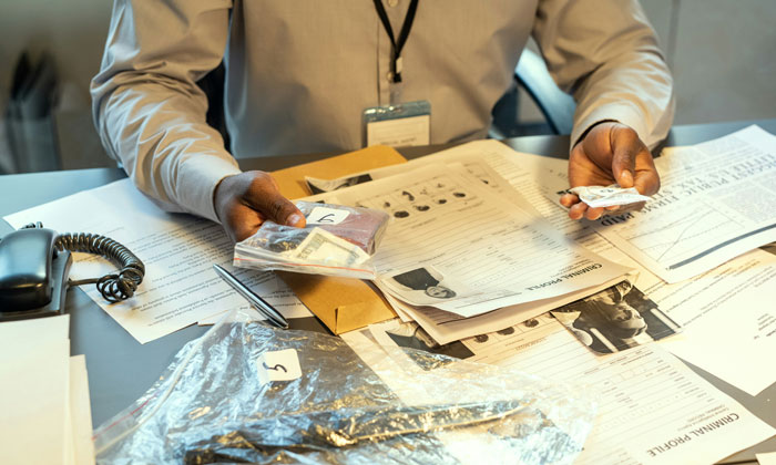 Man reviewing evidence and documents collected by private investigator during a partner investigation at a cluttered desk.