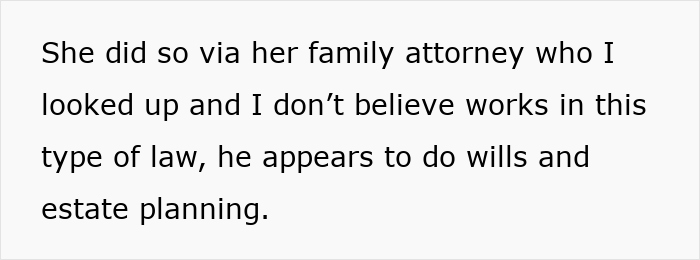 Text excerpt discussing concerns about a family attorney and legal advice regarding a potential lawsuit.
