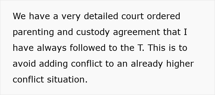 Text about detailed court-ordered parenting and custody agreement to avoid conflict in a high-conflict situation involving stepmom.