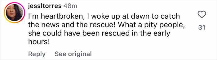 Comment from social media user expressing heartbreak over tourist trapped 1600ft inside active volcano after being abandoned by guide.