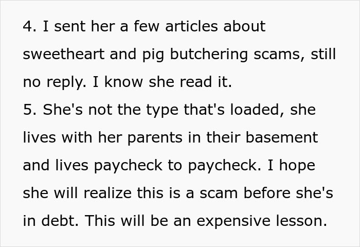 Text excerpt about warning a coworker on romance scam, highlighting concern and silent treatment over the scam issue. Text excerpt about warning a coworker on romance scam, highlighting concern and silent treatment over the scam issue.