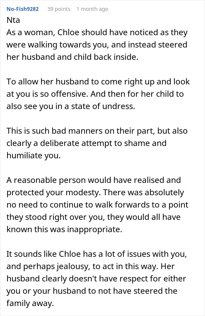 Comment discussing a woman walking in on SIL sunbathing topless, accusing her of exposing herself to husband and son.