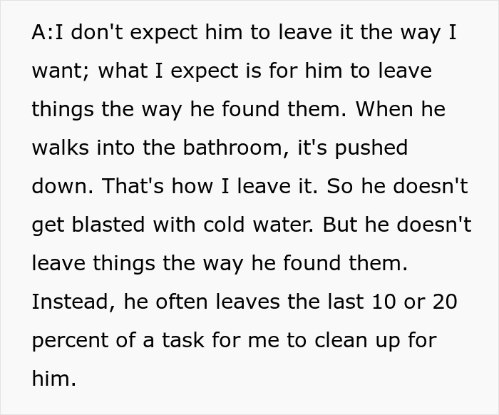 Text excerpt discussing a wife's frustration with her husband's bad memory and household habits linked to cold showers.