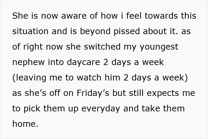 Text describing frustration about sibling babysit arrangement during sister-force senior year, highlighting daycare and pickup duties.