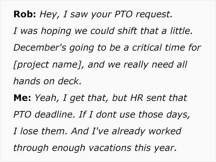Text conversation showing employee discussing using all PTO before deadline despite project needing all hands on deck.