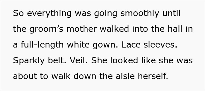 Groom&rsquo;s mom wearing a full-length white wedding dress with lace sleeves disrupts the couple&rsquo;s big day.