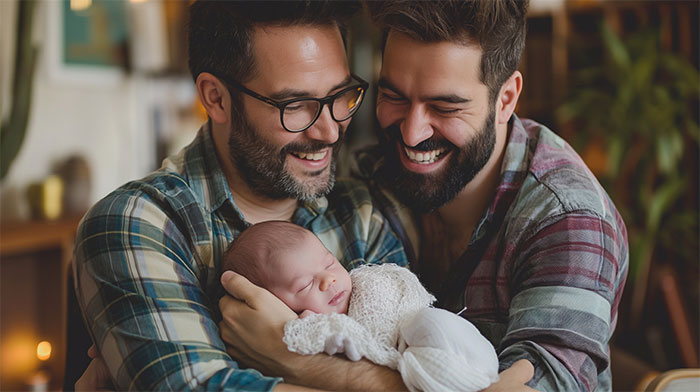 Two men smiling joyfully while holding a newborn baby, highlighting surrogacy and family bonding.