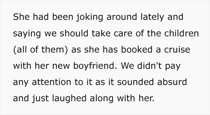 Text excerpt discussing a mom joking about making cousin babysit her kids, exposing poor parenting risks.