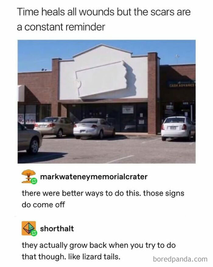 Brick building with a missing store sign showing damage, paired with nostalgic meme text about scars and lizard tails.