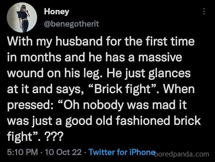 Social media post about a husband’s massive leg wound from a brick fight, illustrating men doing dumb things.