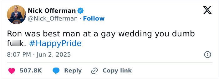 Nick Offerman responding to Michael Flynn's son with an anti-pride tweet including the hashtag HappyPride. Nick Offerman responding to Michael Flynn's son with an anti-pride tweet including the hashtag HappyPride.