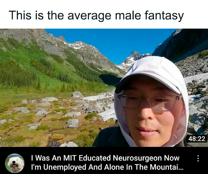 Man wearing glasses and a white cap in a mountain landscape, featured in a funny and relatable college confessions meme post
