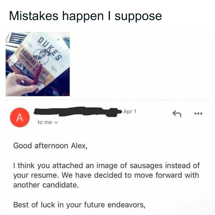 Funny and relatable college confessions meme showing a mistaken email attachment of sausages instead of a resume.