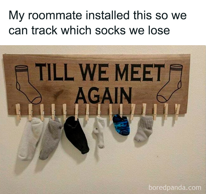 Wooden sock organizer with clipped socks and meme text about tracking lost socks, college confessions humor.