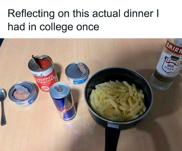 Simple college dinner setup with canned tuna, chopped tomatoes, pasta, energy drink, and vodka, reflecting college confessions meme humor.