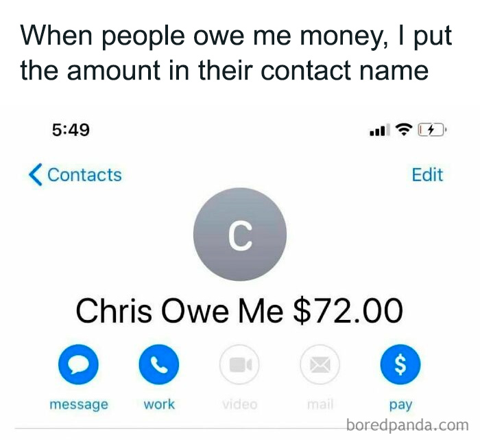 Screenshot of a contact named Chris Owe Me with $72 in the name, illustrating a funny college confessions meme post.