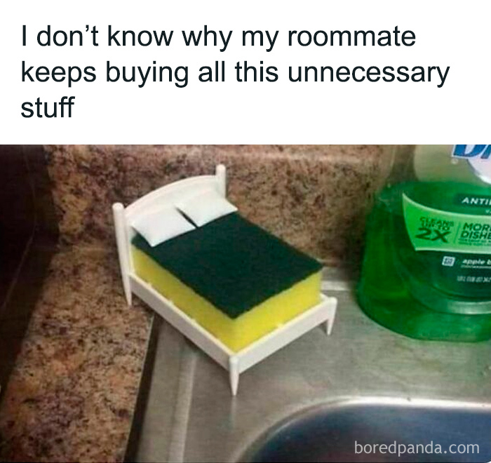 Relatable college confessions meme showing a sponge in a miniature bed, humorously highlighting unnecessary purchases.
