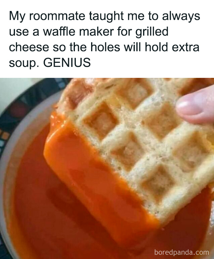 Grilled cheese made with a waffle maker dipped in tomato soup, a funny and relatable college confessions meme post.