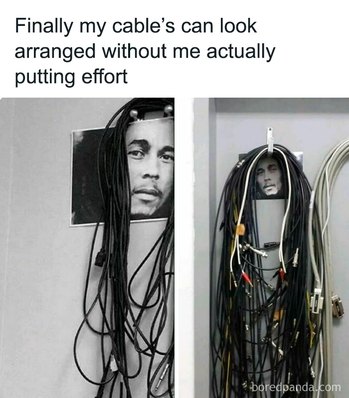 Cable arrangement humor with a face photo behind wires, showcasing funny and relatable college confessions meme content.