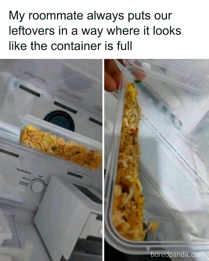 Leftovers arranged to look like a full container in a fridge, a funny and relatable college confessions meme post.