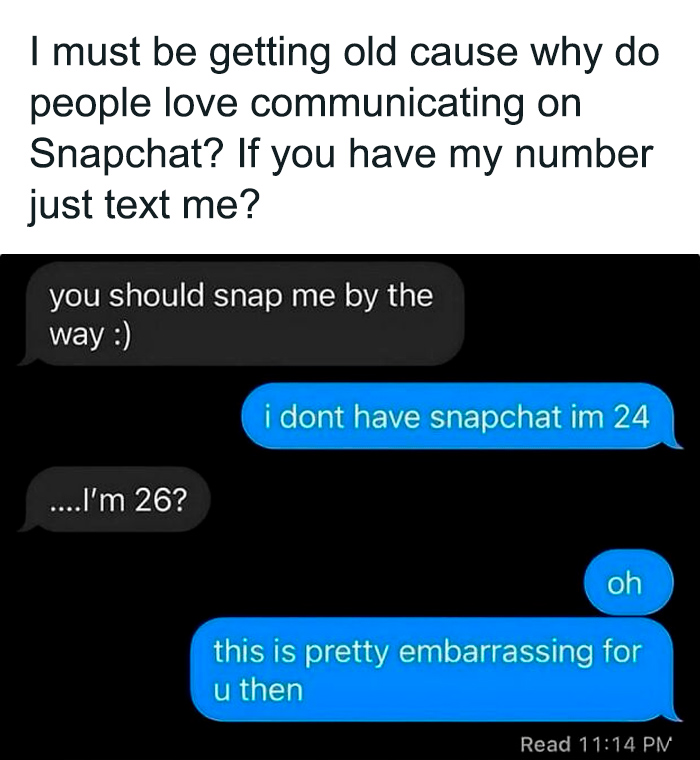 Text meme from college confessions meme page about confusion over Snapchat communication among young adults.