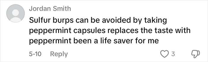 Comment about avoiding sulfur burps with peppermint capsules shared by a user discussing Mounjaro side effects.