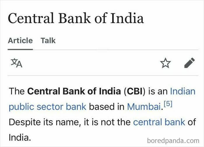 Screenshot of a Wikipedia article snippet about Central Bank of India from funny and interesting Wikipedia snippets.