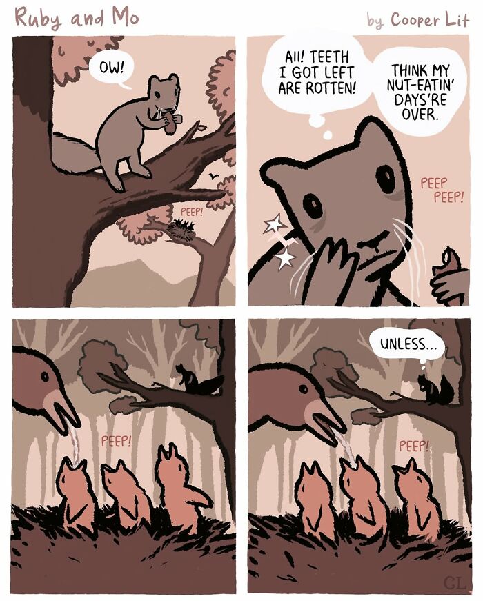 Ruby and Mo comic panels showing love, loss, and healing conveyed through animal characters in a touching story.