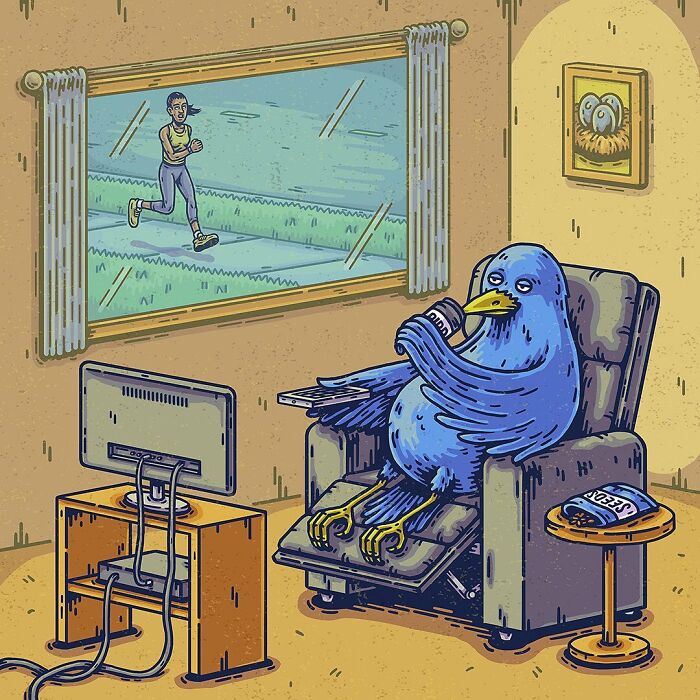 Absurd comic of a blue bird relaxing in a chair watching TV while a woman jogs outside, turning everyday scenes into surreal tales.
