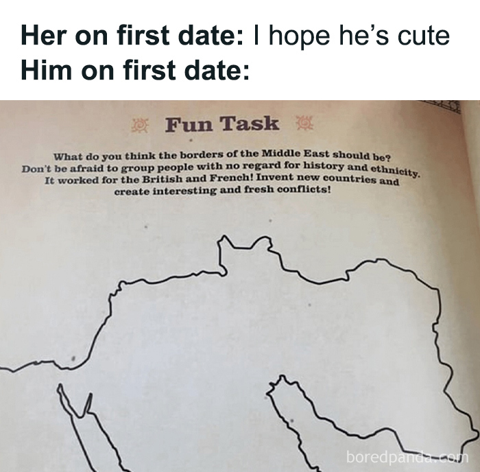 Funny history meme showing a map of the Middle East and a task about creating new countries ignoring history and ethnicity.