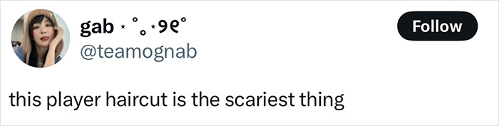 Twitter post by user gab criticizing a player's haircut amid a viral downgrade homeless man makeover debate.