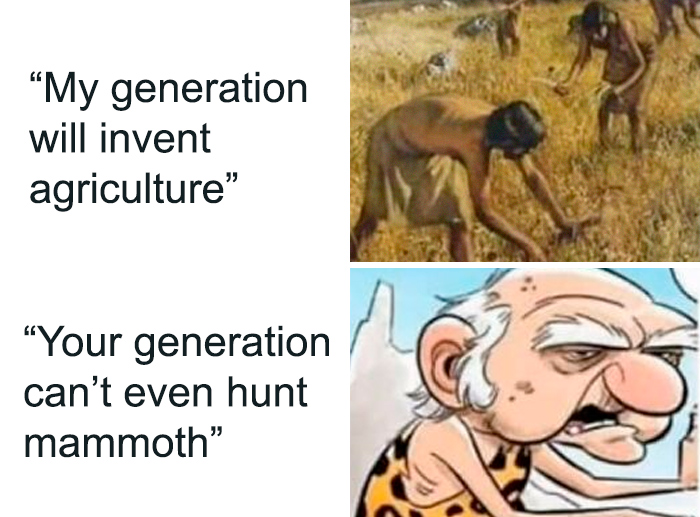 Humorous history meme showing prehistoric humans farming and a caveman complaining about hunting mammoths.
