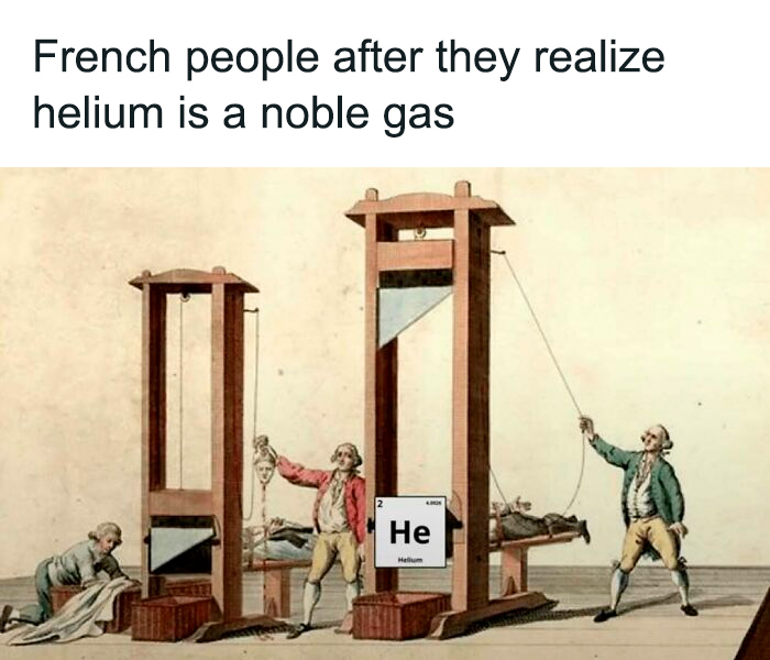 Vintage style history meme showing French revolution scene with helium element symbol, humor related to history memes about the past.