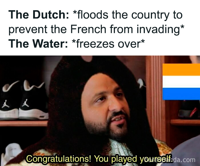 Meme showing historical reference to Dutch flooding to stop invasion with water freezing, highlighting funny history memes.
