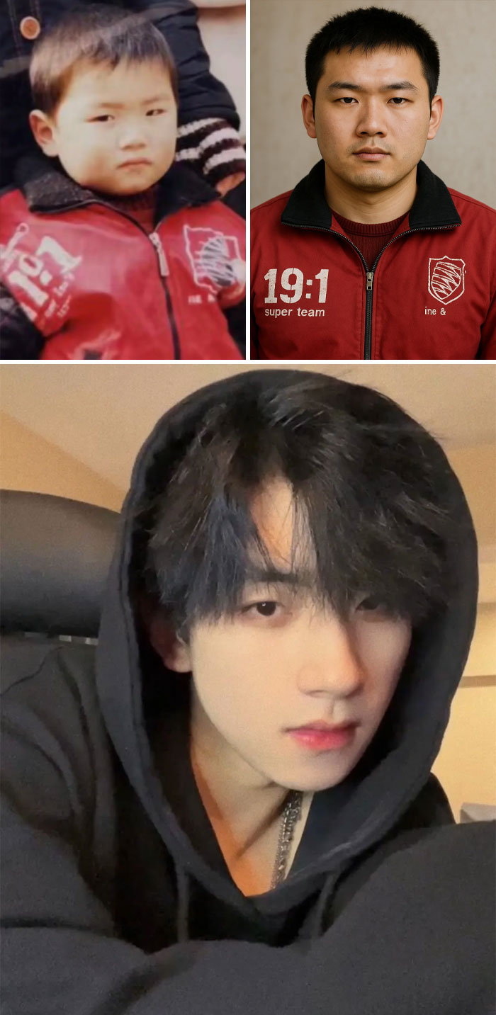 Comparison of childhood photos and AI age-up predictions showing changes in facial features over time with ChatGPT.