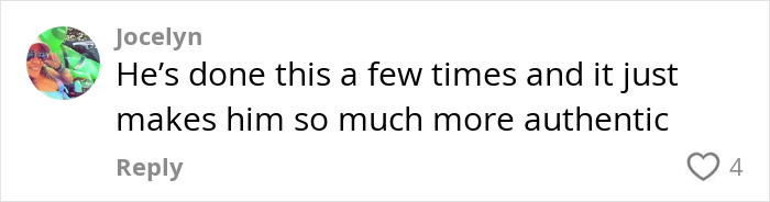 Comment from Jocelyn praising a country star, 48, for stopping mid-concert after forgetting words, calling him authentic.