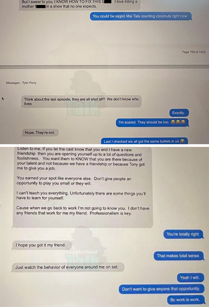 Text message screenshots allegedly showing Tyler Perry&rsquo;s harassment of male actor discussing work and professionalism.