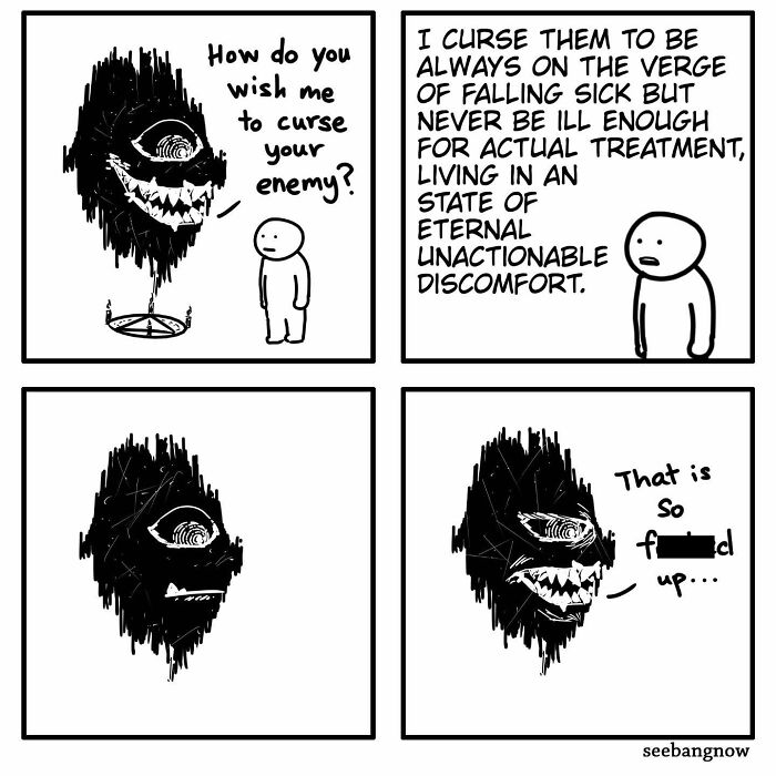 Black-and-white comic panels showing a dark creature and a person, featuring hilariously relatable comics with absurd twists.