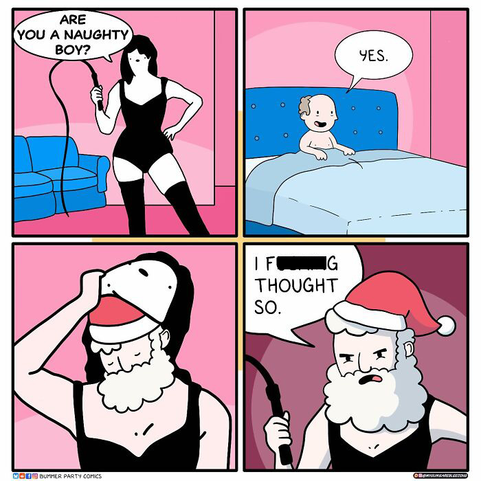Dark and twisted comic panels by Miles Erickson showing a humorous yet brutal interaction with a Santa character.