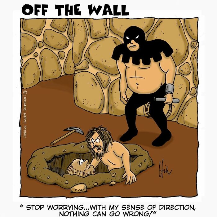 Cartoonist offbeat comic showing dungeon fails with a warrior and captives in a stone-walled dungeon hole.