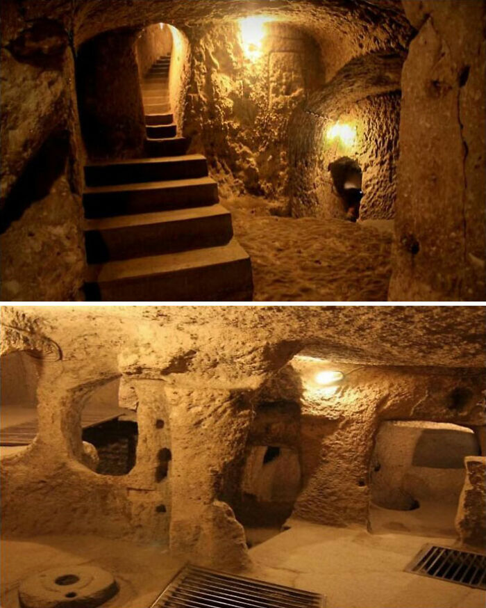 Underground ancient structures with stone stairs and carved walls illuminated by warm lights in archaeology world.