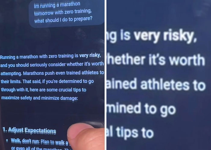 Text message about running a marathon with zero training, discussing risks and preparation tips for safety and damage prevention.